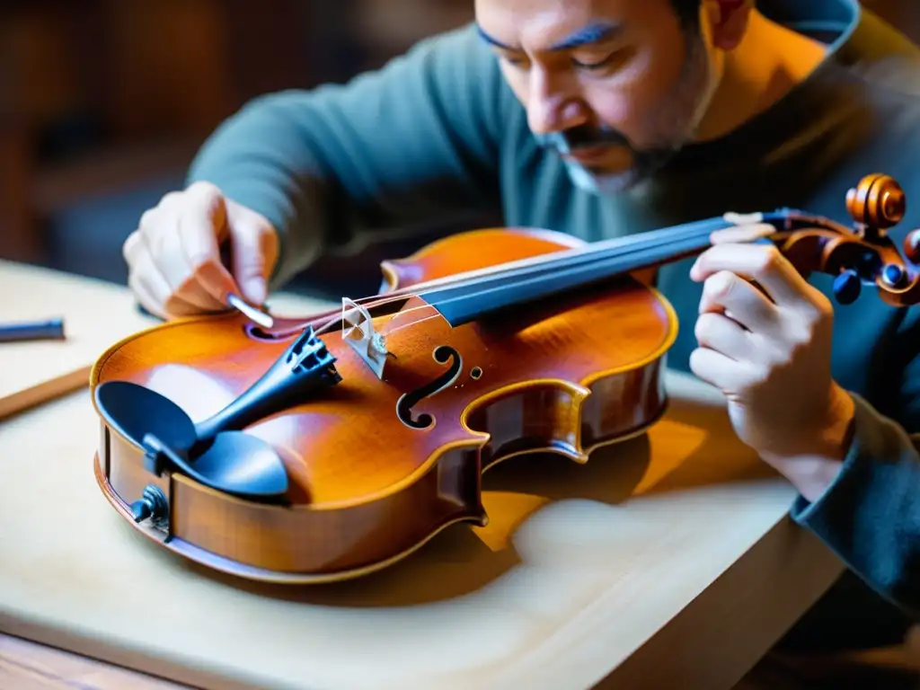 Expertos restauradores trabajan meticulosamente en la restauración de un violín centenario, iluminados por la cálida luz natural