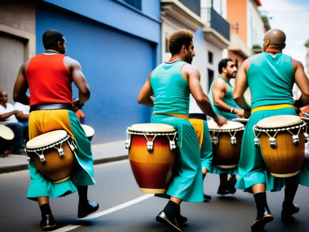 Expertos en tambores de candombe uruguayo tocando con pasión en las calles de Montevideo durante un festival tradicional