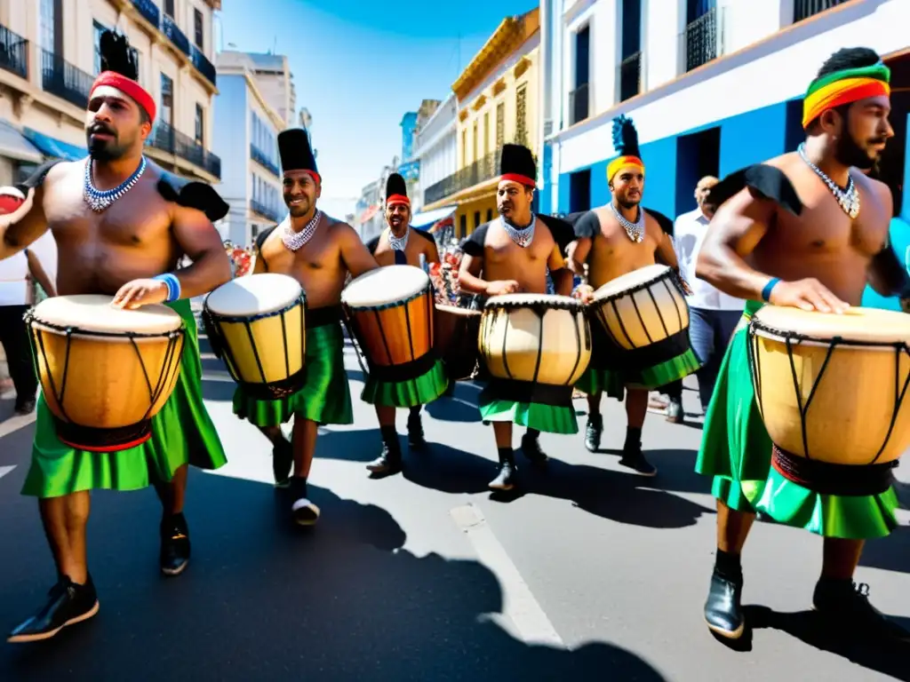 Expertos en tambores de candombe uruguayo en vibrante actuación callejera durante celebración tradicional en Montevideo