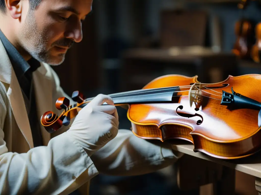 Expertos restaurando un violín antiguo en un taller atmosférico