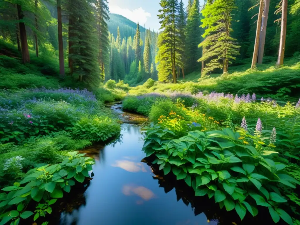 Exuberante bosque con diversa flora, arroyo cristalino y montañas