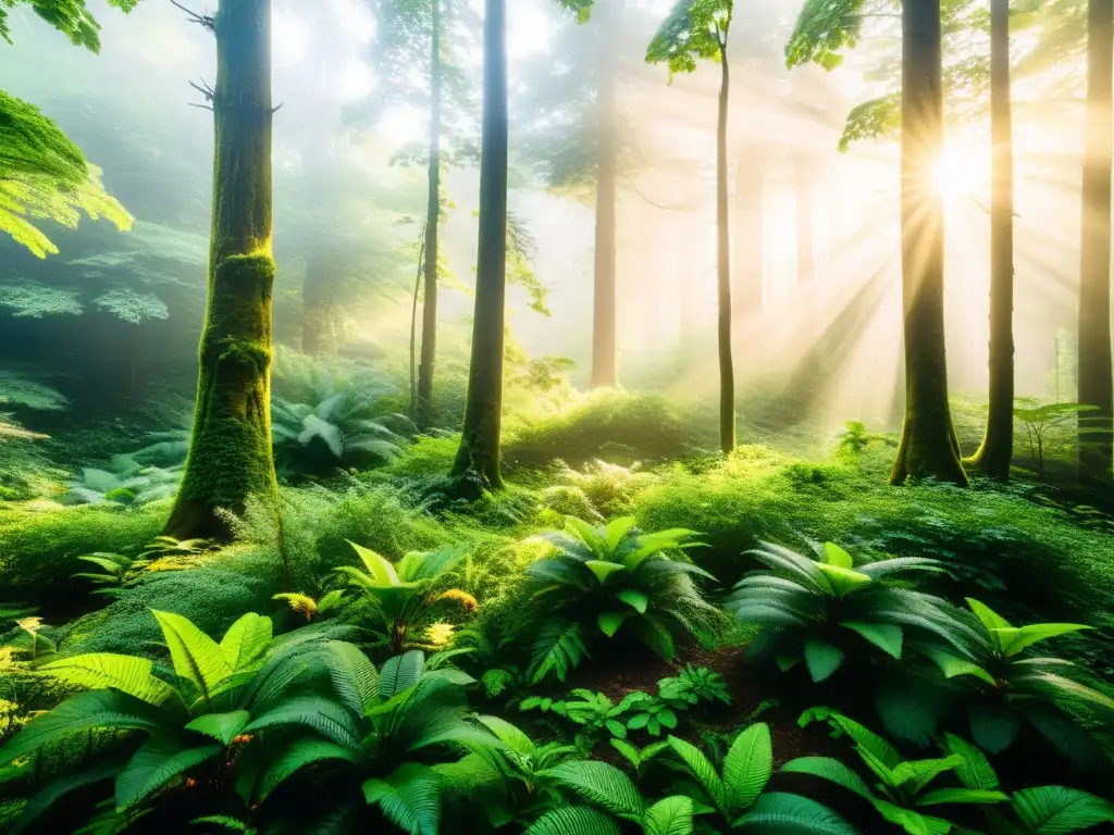 Una exuberante y densa selva con árboles imponentes, vida silvestre variada y una atmósfera serena