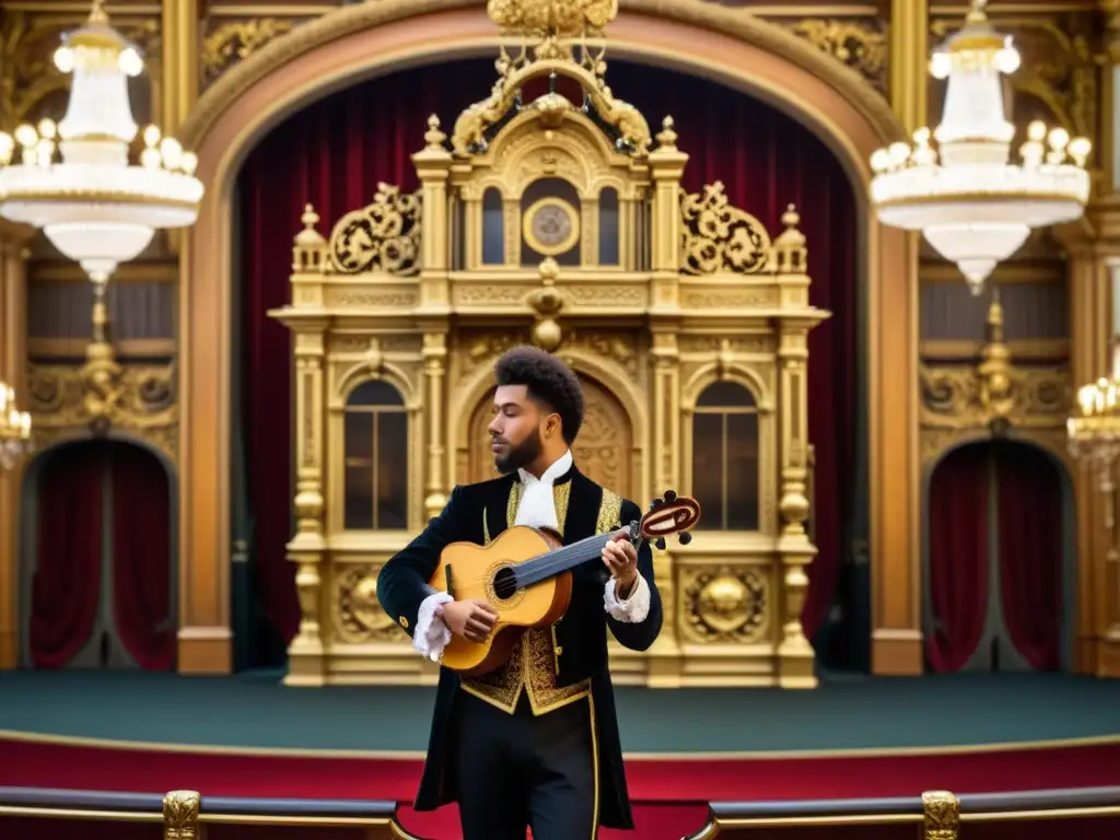 Un fagot barroco con detallados grabados de madera y llaves metálicas, en un elegante salón de música