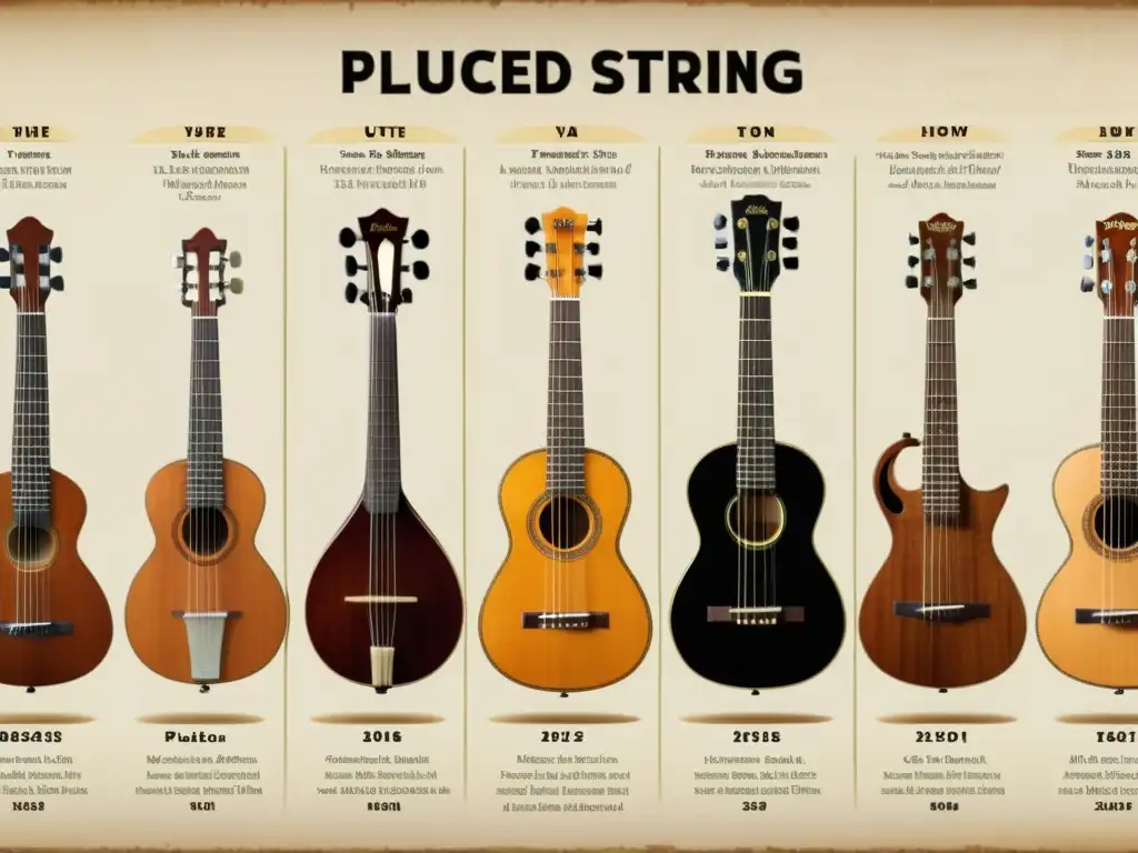 Una fascinante imagen documental de la evolución de instrumentos de cuerda pulsada, desde la antigua lira hasta la guitarra moderna y sus derivados