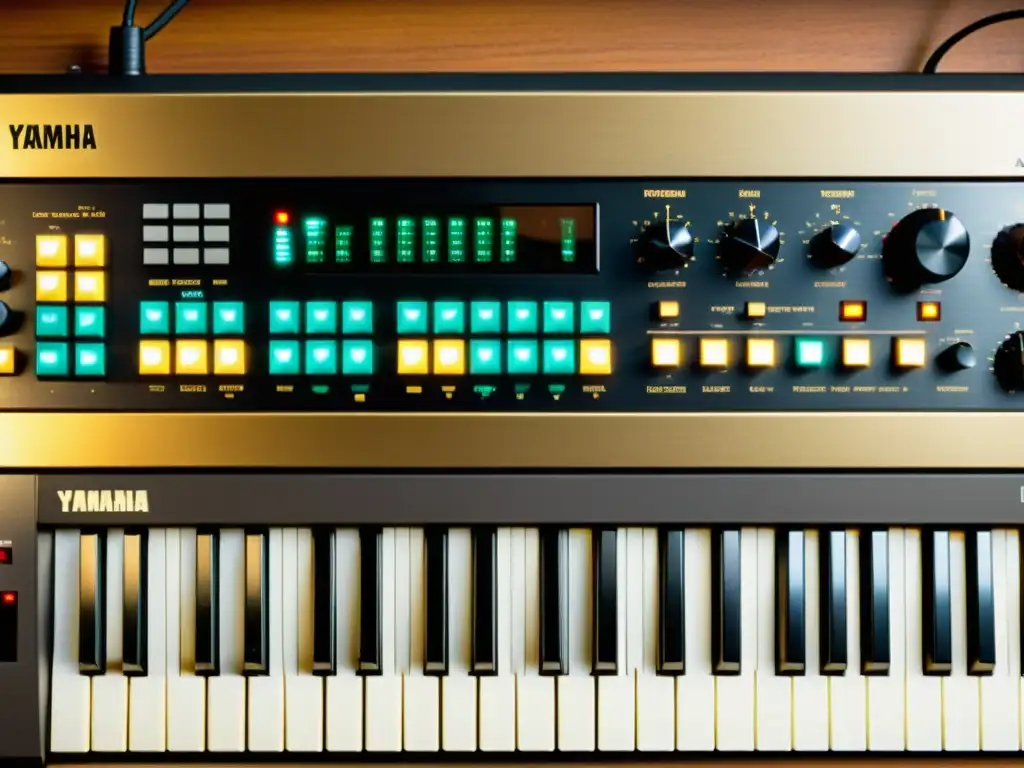 Un fascinante sintetizador Yamaha DX7 vintage en tonos cálidos y fríos, evocando nostalgia y tecnología