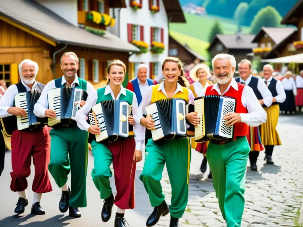 Una festiva celebración en un pueblo suizo, con gente vestida con trajes tradicionales, bailando y tocando el acordeón Schwyzerörgeli