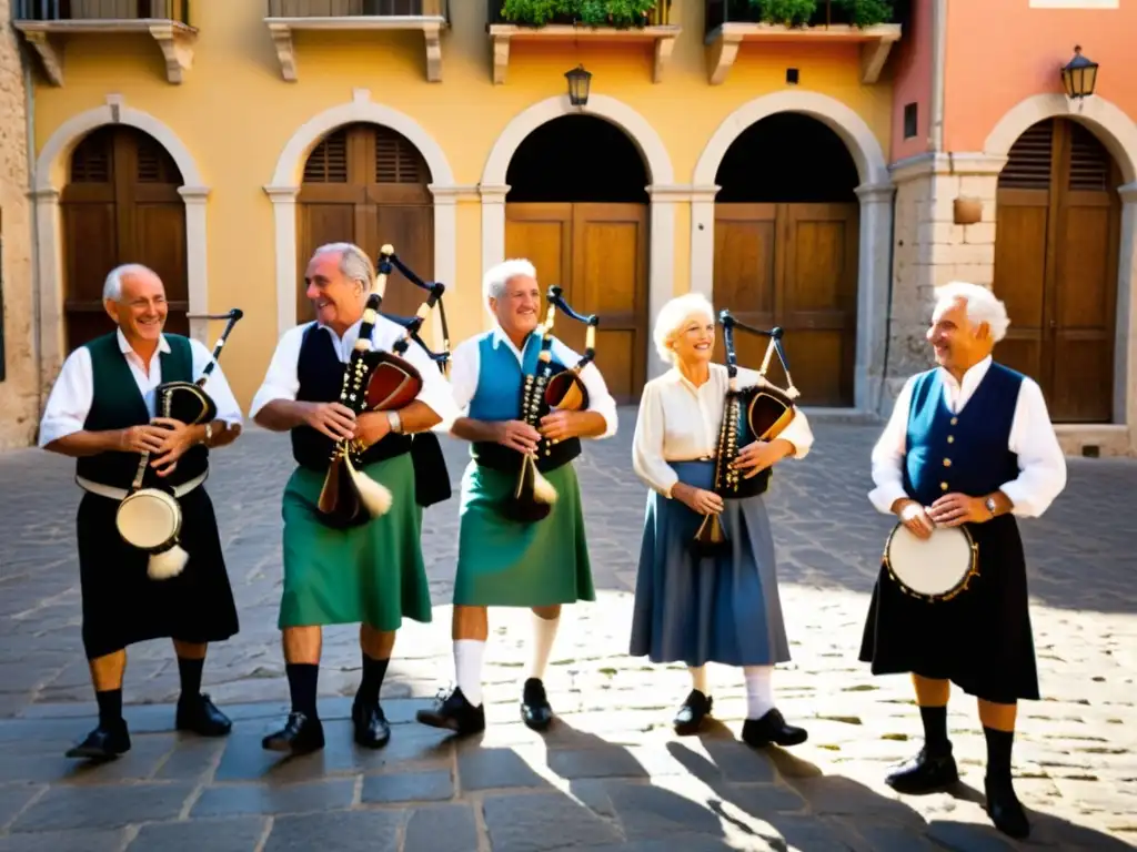 En el Festival Zampogna, ancianos italianos tocan música tradicional con zampogna en una plaza encantadora