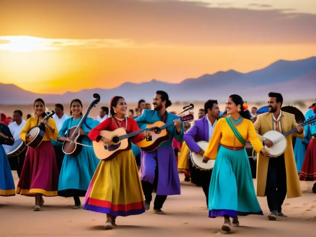 Festival de música en el desierto de Rajastán, con músicos y colores vibrantes bajo el atardecer