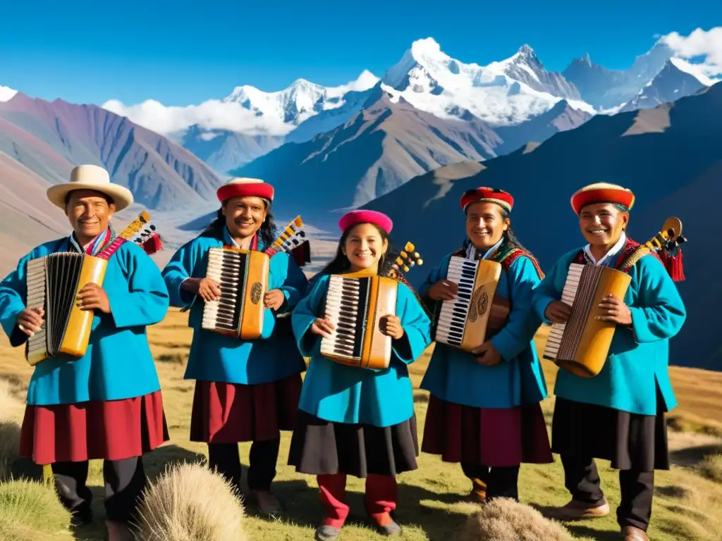 Festival Internacional Música Andina Altura: Grupo de músicos andinos tocando instrumentos tradicionales en un vibrante festival en la alta montaña