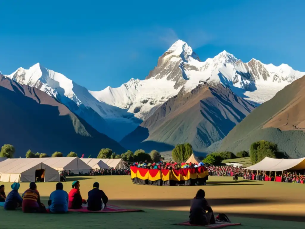 Un festival internacional de música andina en las alturas de los Andes, con una puesta de sol dorada sobre las montañas nevadas