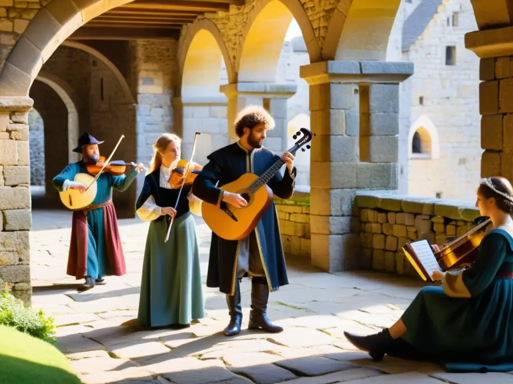 En el Festival Medieval Música Danza Hita, músicos interpretan melodías bajo las arcadas de un castillo de piedra al atardecer, rodeados de espectadores en trajes de la época