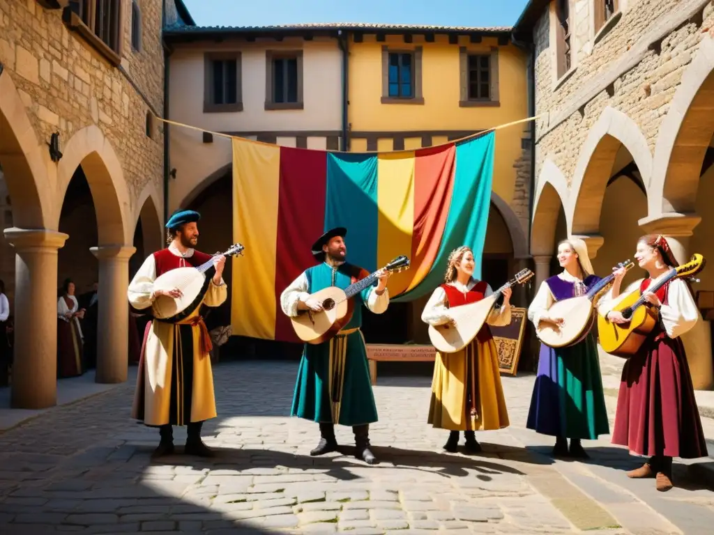 En el festival medieval de Hita, músicos con trajes de época tocan instrumentos tradicionales mientras el sol ilumina el patio colorido