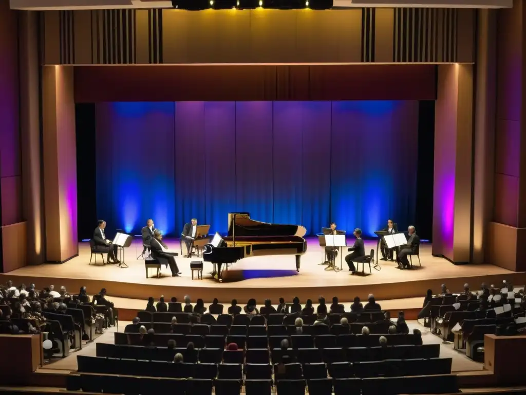 Un festival de piano internacional: pianistas apasionados, salón elegante, flores coloridas y ambiente sofisticado