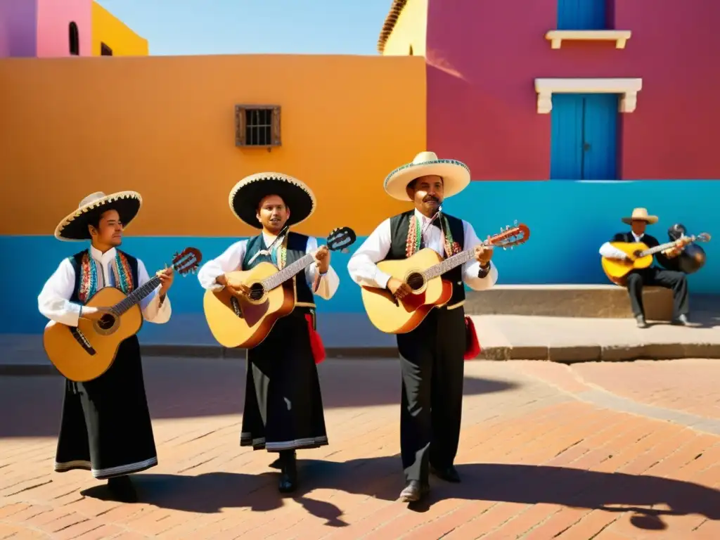 Festival de música tradicional Paracho: Grupo de músicos tocando instrumentos mexicanos en plaza animada, con atuendos coloridos y pasión contagiosa