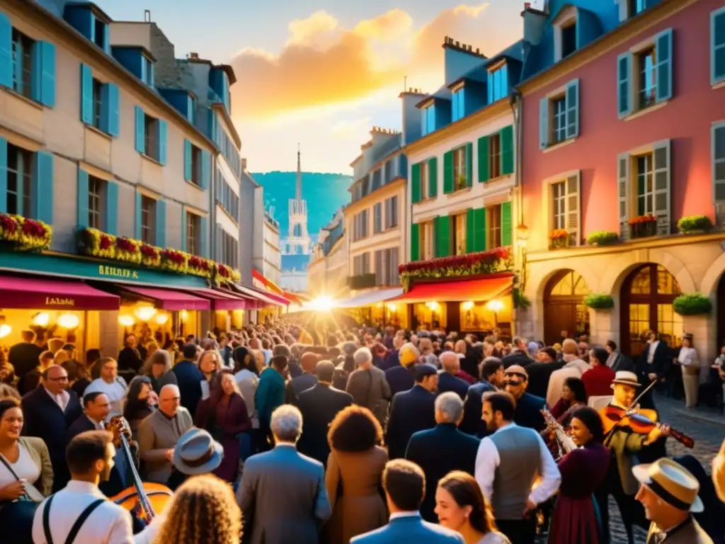 Fête de la Musique en Francia: Calle bulliciosa, músicos de diversos géneros, expresiones de alegría, edificios históricos como telón de fondo