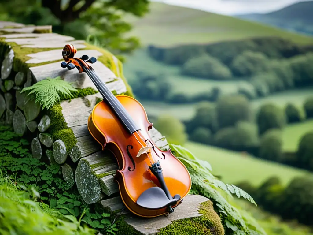 Un fiddle desgastado descansa contra una pared de piedra cubierta de musgo en la campiña verde de Irlanda