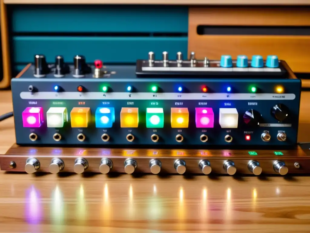 Una fila ordenada de pedales de efecto de guitarra con intrincados controles, luces LED y cables de conexión coloridos