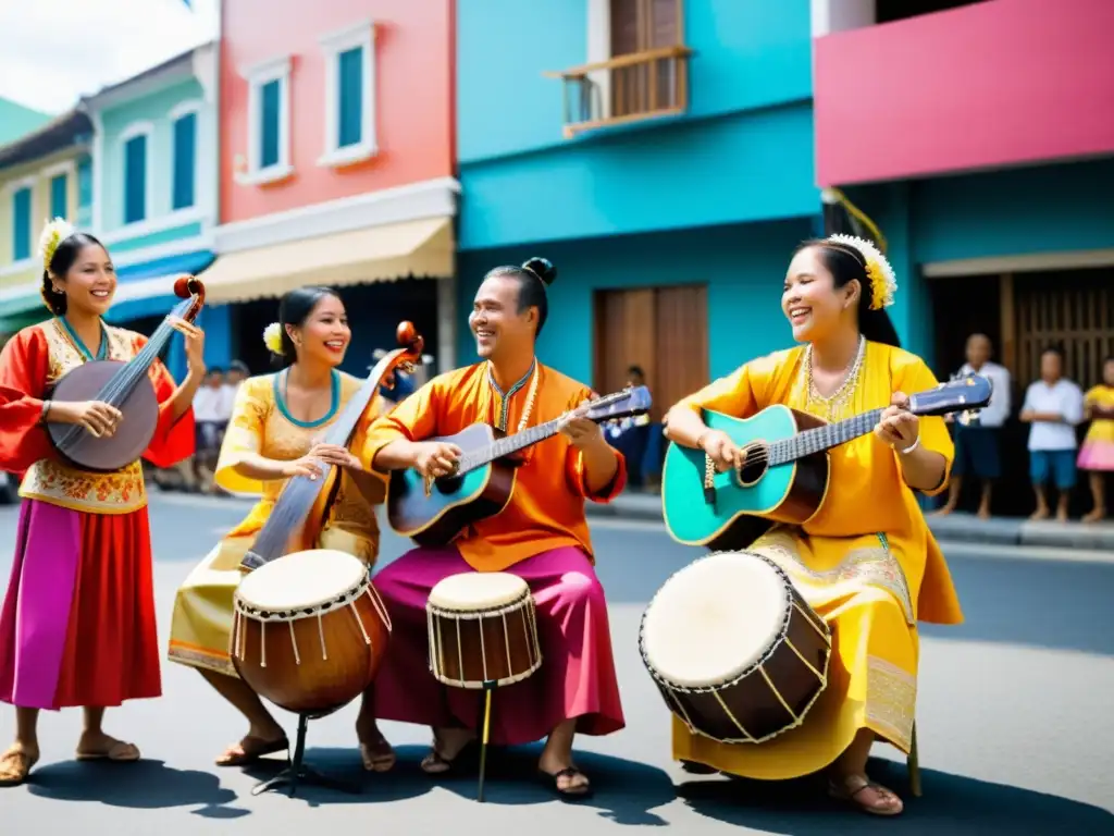 Migración filipina música popular: Músicos filipinos tocan instrumentos tradicionales en la bulliciosa calle de Filipinas, rodeados de una multitud diversa