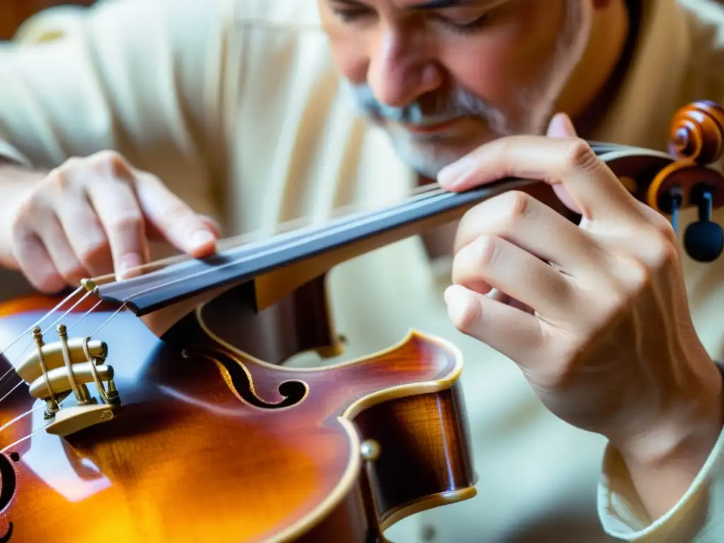 Un luthier aplica con maestría una fina capa de laca sobre un violín, mostrando la relación entre acústica y laca en violines