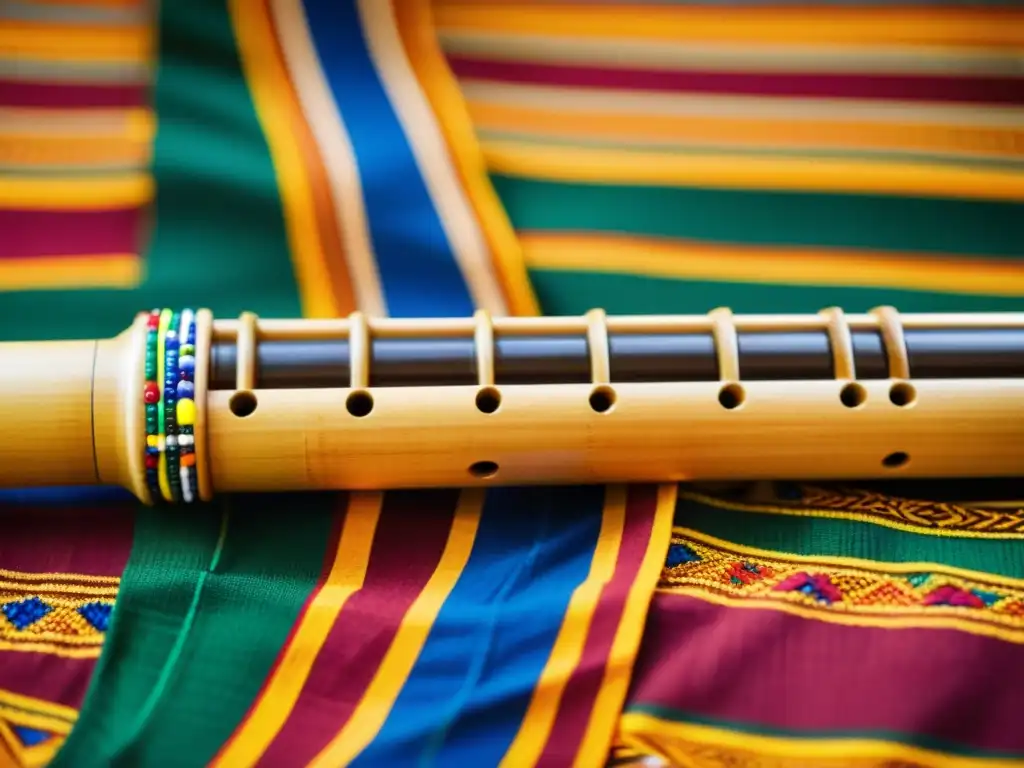 Una flauta de bambú tradicional de Ghana, tallada con patrones y símbolos culturales, decorada con cuentas y plumas, sobre un fondo de kente vibrante