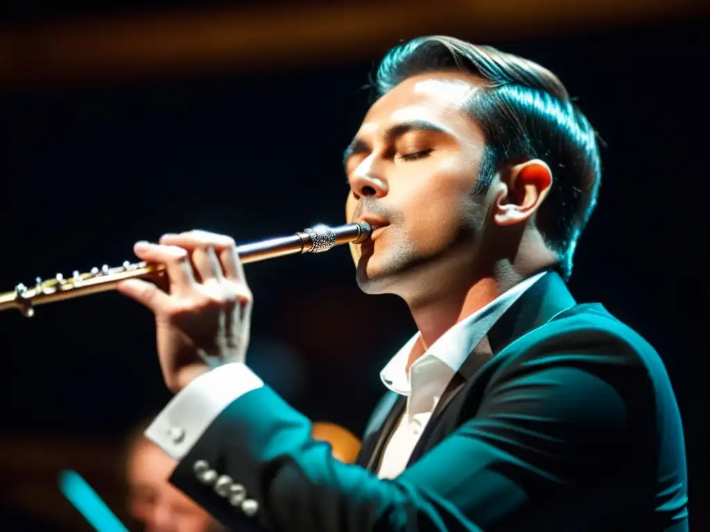 Un flautista ejecuta una actuación apasionada en un concierto romántico, con detalles precisos y una atmósfera encantadora de la música clásica