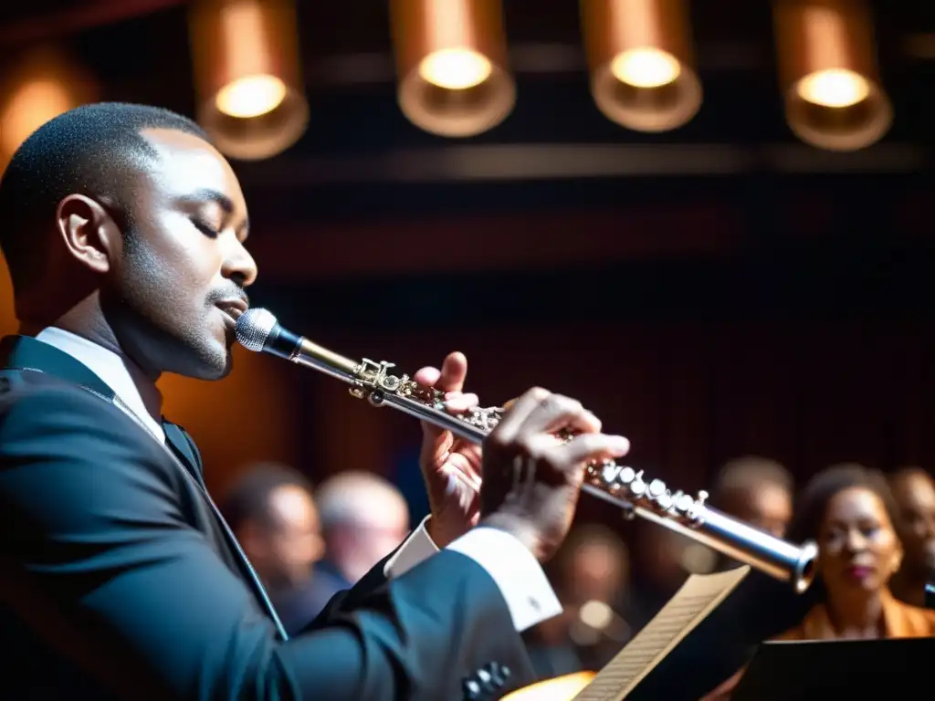 Un flautista ejecuta con maestría en un concierto de jazz, con detalles impresionantes de sus dedos en la flauta