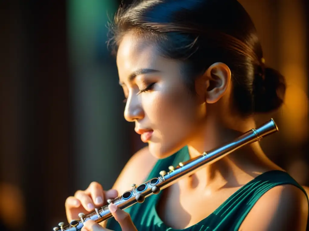 Una flautista experta muestra técnicas de respiración para instrumentos de viento en un estudio de música