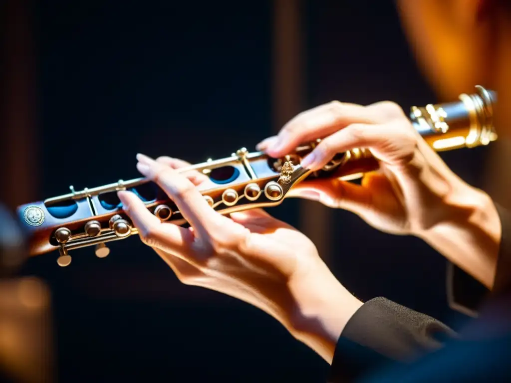 Un flautista experto aplica técnicas vibrato al instrumento, transmitiendo emoción con sus delicados movimientos de los dedos