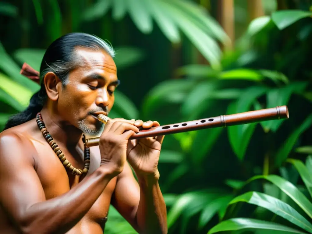 Flautista indígena tocando una flauta de madera tallada en la selva, con luz filtrándose entre las hojas