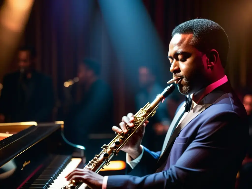 Un flautista de jazz se sumerge en la música, tocando con sofisticación armónica en un escenario ambientado en un club de jazz