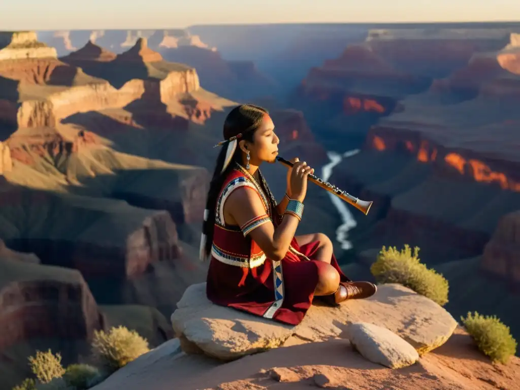 Un flautista nativo americano toca su flauta de madera en un acantilado al atardecer, con montañas antiguas al fondo