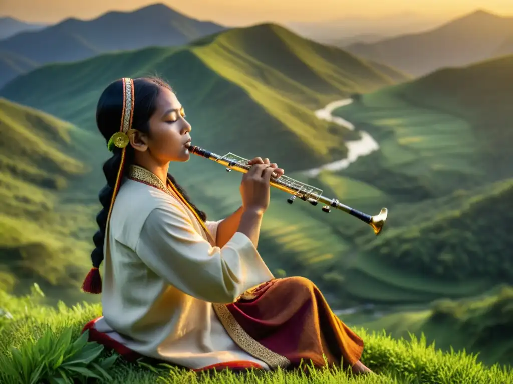 Un flautista nativo en un atuendo tradicional, tocando una flauta en una colina verde al atardecer