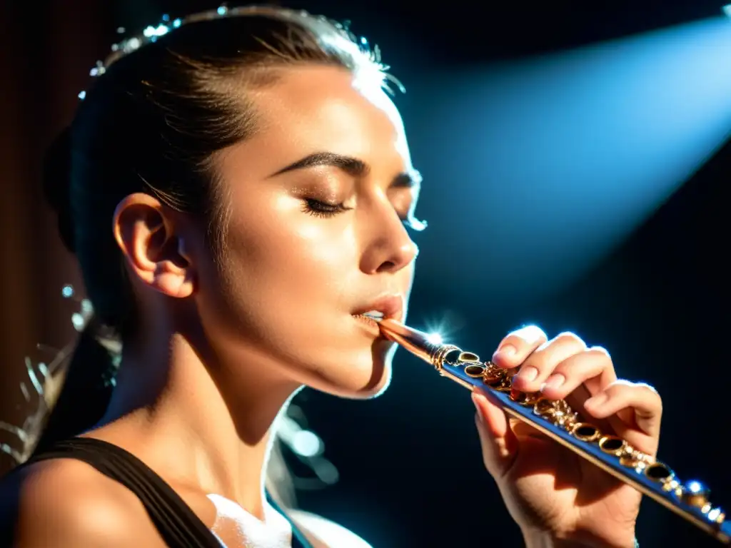 Flautista profesional ejecutando técnicas respiración en instrumento de viento, con intensa concentración y destreza en escenario de concierto