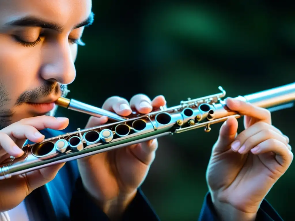 Un flautista ejecutando técnicas staccato en un pasaje musical, con concentración y precisión en la embocadura y los dedos