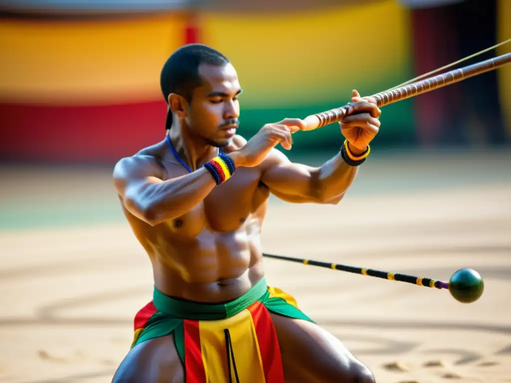 Una foto detallada muestra un berimbau tradicional en medio de una roda de capoeira vibrante, destacando las resonancias afro en la capoeira