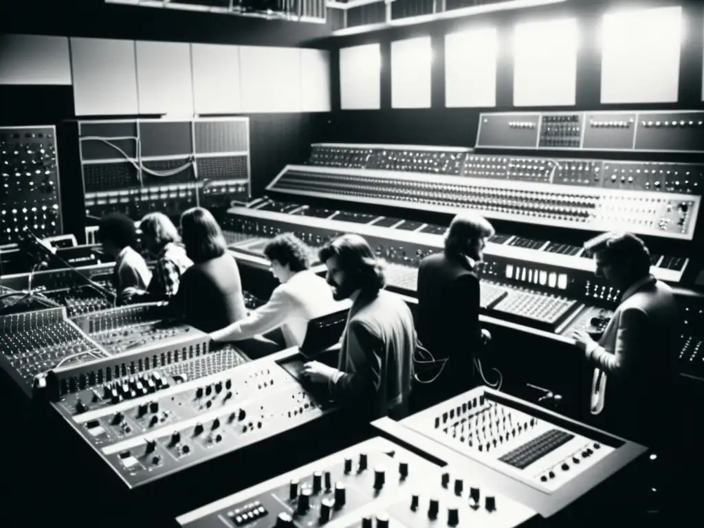 Foto vintage en blanco y negro de un estudio de música lleno de músicos experimentando con sintetizadores en la música del siglo XX