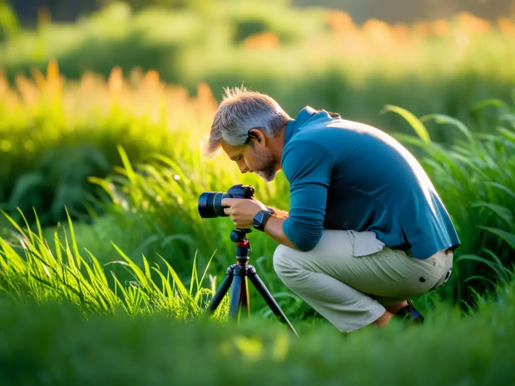 Un fotógrafo captura la naturaleza, con técnicas de grabación de sonidos naturales, en la suave luz de la mañana