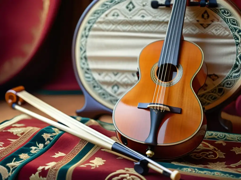 Una fusión cultural de instrumentos musicales: erhu chino y guitarra flamenca en un escenario cálido y vibrante