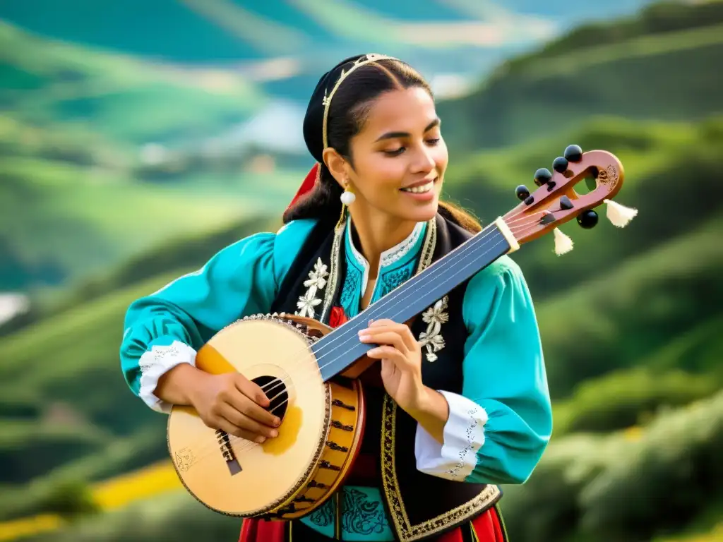 Un gaitero apasionado interpreta la gaita gallega en un paisaje exuberante, fusionando tradición y contemporaneidad