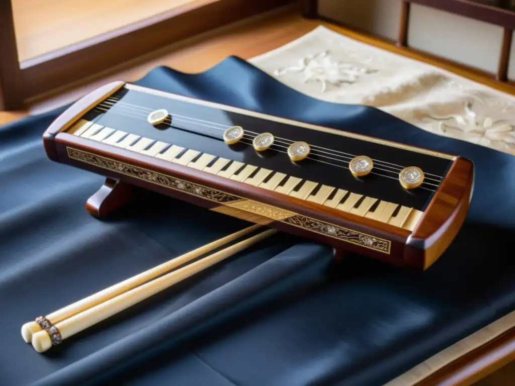 Un gayageum coreano con cuerdas armoniosas, exuda elegancia y tradición en su hermoso diseño de madera y nácar