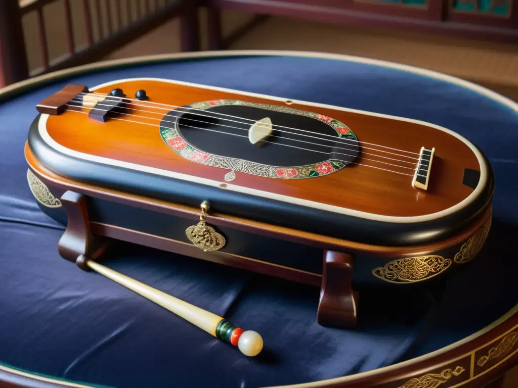 Un Gayageum coreano bellamente decorado descansa en una habitación decorada con detalle, iluminada suavemente