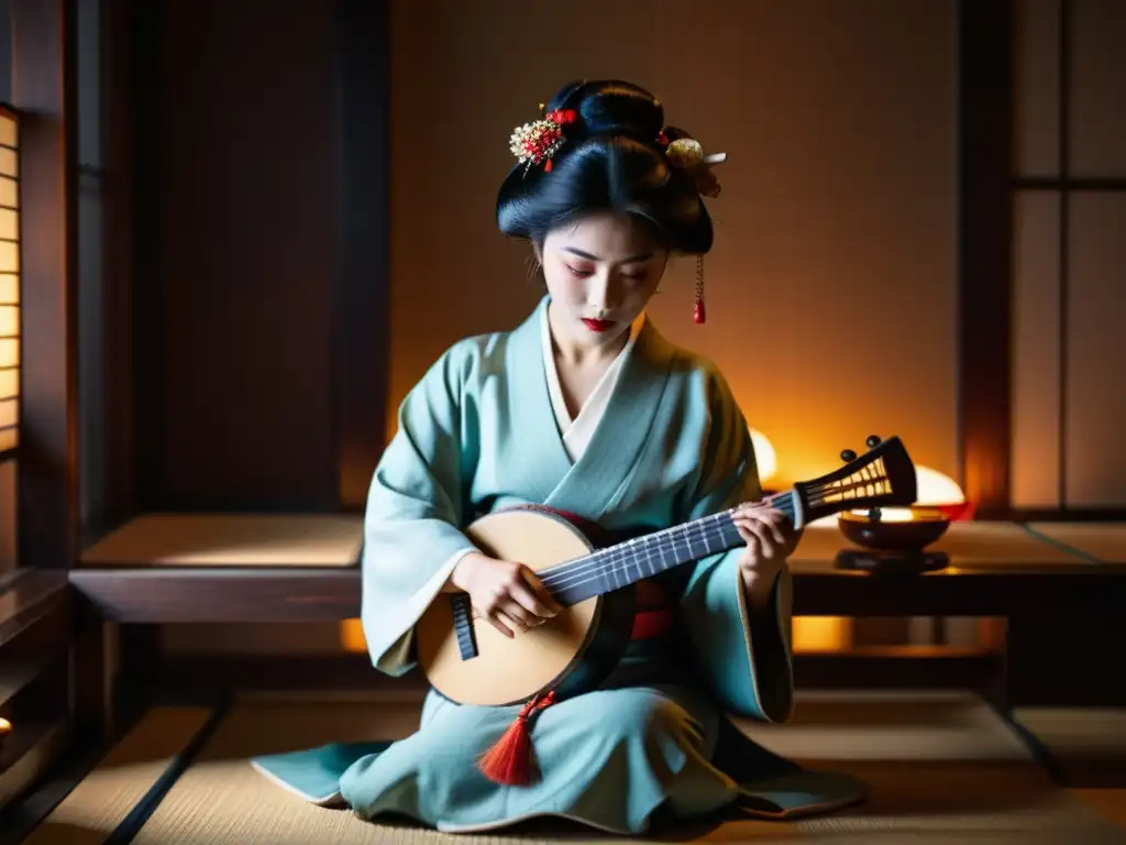 Una geisha japonesa toca el shamisen en una atmósfera evocadora, destacando la historia y sonido del shamisen