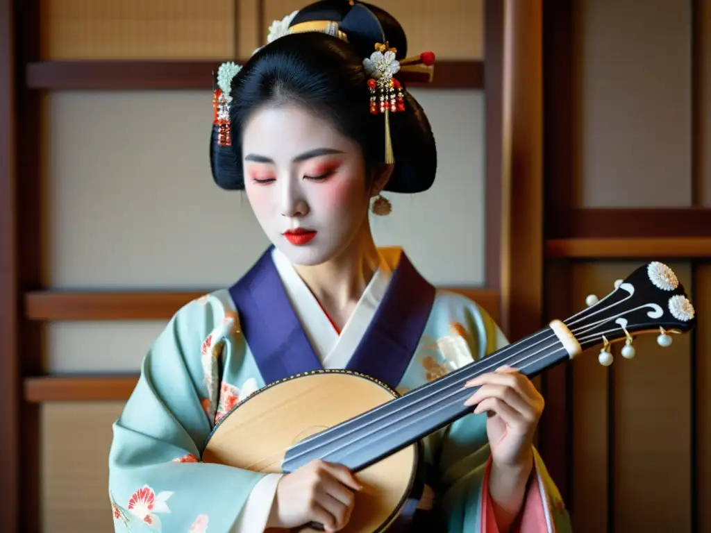 Una geisha japonesa tocando un shamisen con expresión concentrada