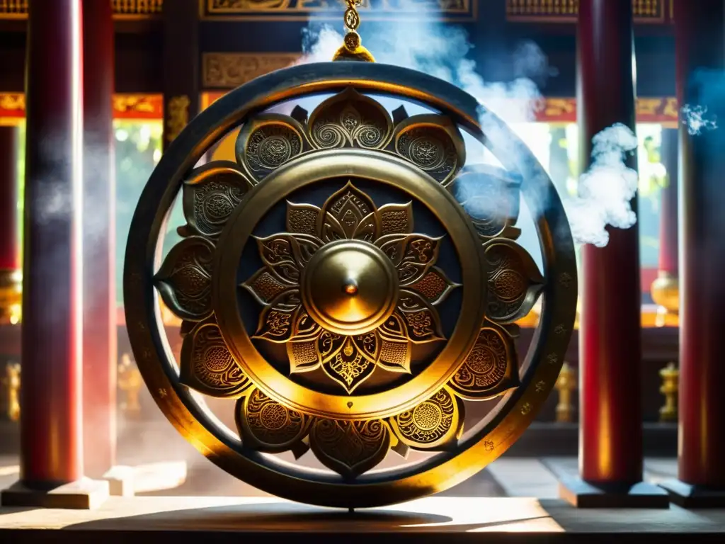 Un gong ornamental destaca en la penumbra de un templo budista, simbolizando el significado espiritual en la liturgia