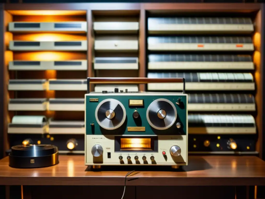 Estudio nostálgico con grabadora de cinta vintage y músico Preservación de grabaciones musicales eternas: Estudio vintage con magnetófono y músico ajustando micrófono