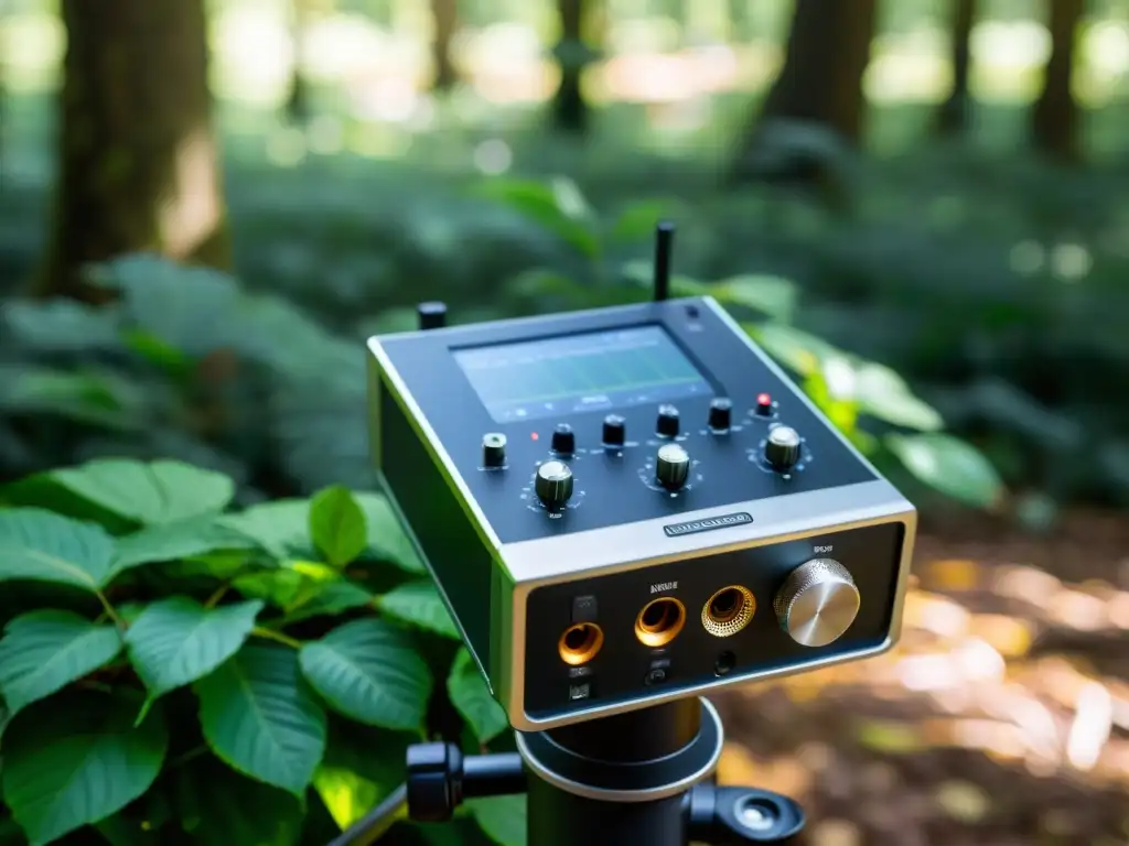 Grabadora de audio de alta gama en bosque exuberante, técnicas grabación sonidos naturaleza