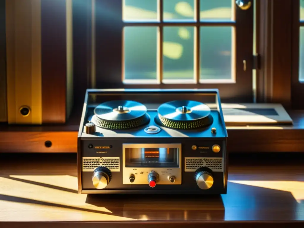 Una grabadora de cinta vintage rodeada de discos de vinilo y micrófonos antiguos en una mesa de madera