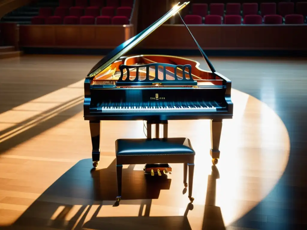 Un grandioso piano de concierto en un majestuoso auditorio histórico, iluminado con suavidad, evocando el papel del piano en la revolución musical