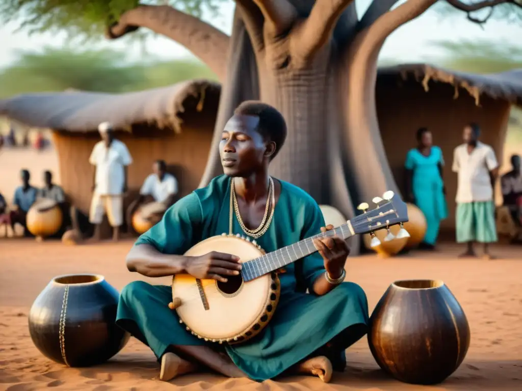 Un griot africano toca el kora bajo un baobab, rodeado de aldeanos atentos, en una escena llena de historia y sonido del kora africano