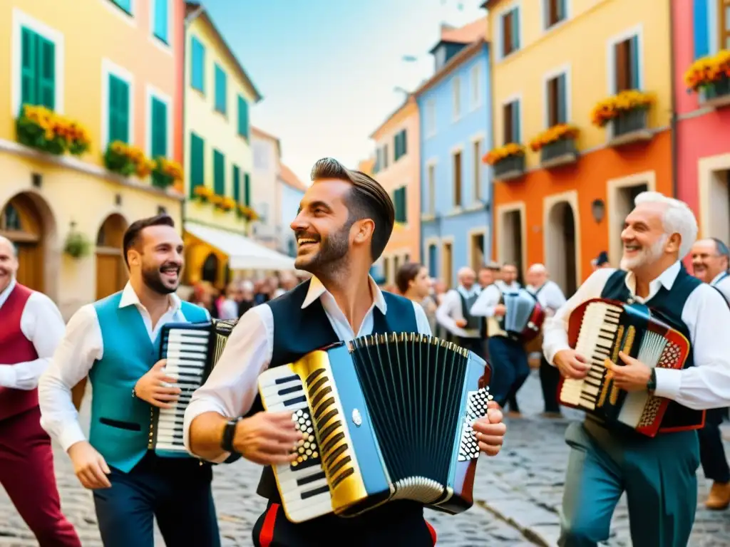 Grupo bailando alegremente al son del acordeón en festival europeo, destacando la historia y relevancia cultural del acordeón